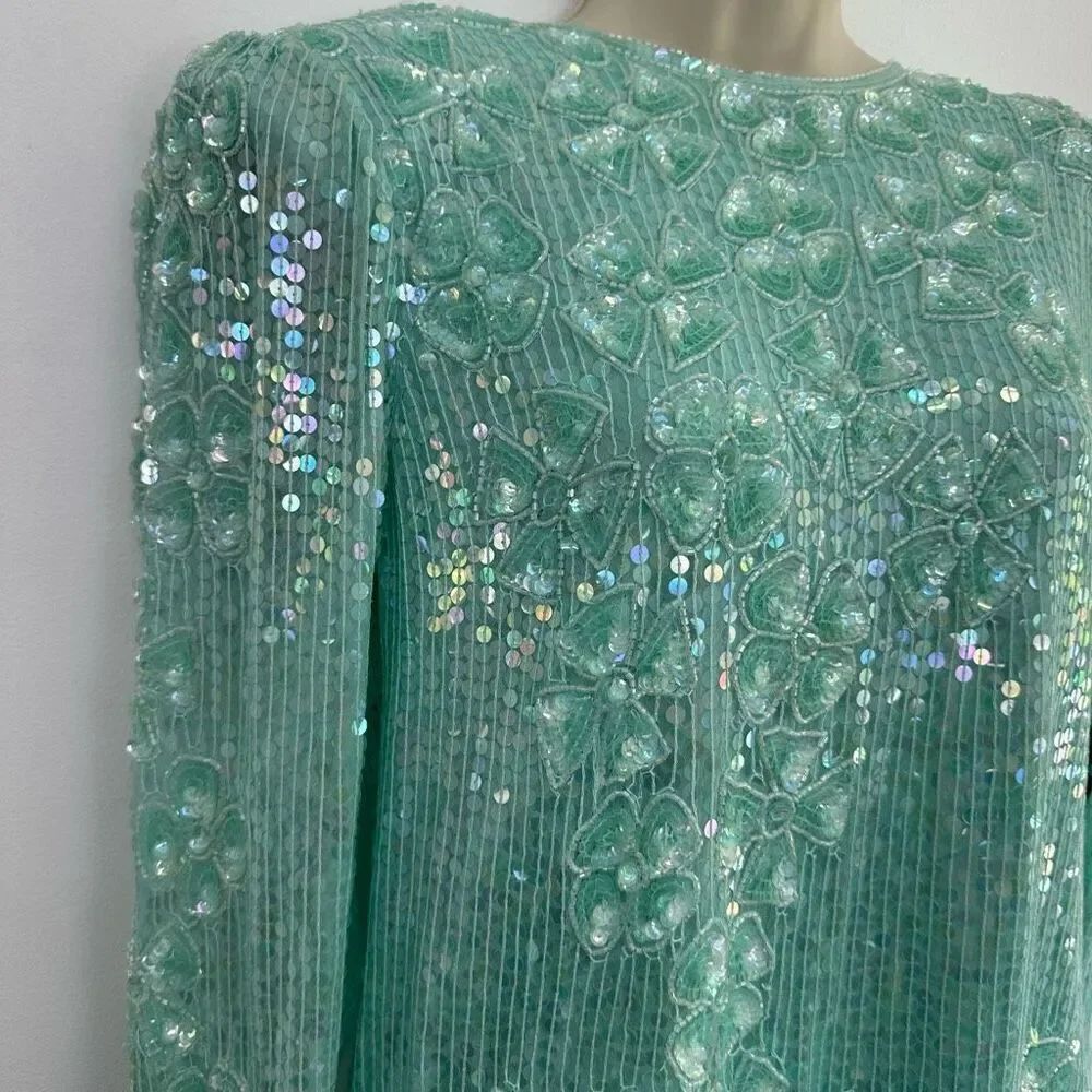 Laurence Kazar Women’s Silk Misty Light Turquoise Heavily Embroidered Beaded and - Picture 8 of 15